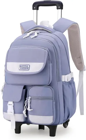 Solid Color Rolling Backpack for Girls Boys Cute Elementary school bag with wheels,Blue Trolley Bags for Travel