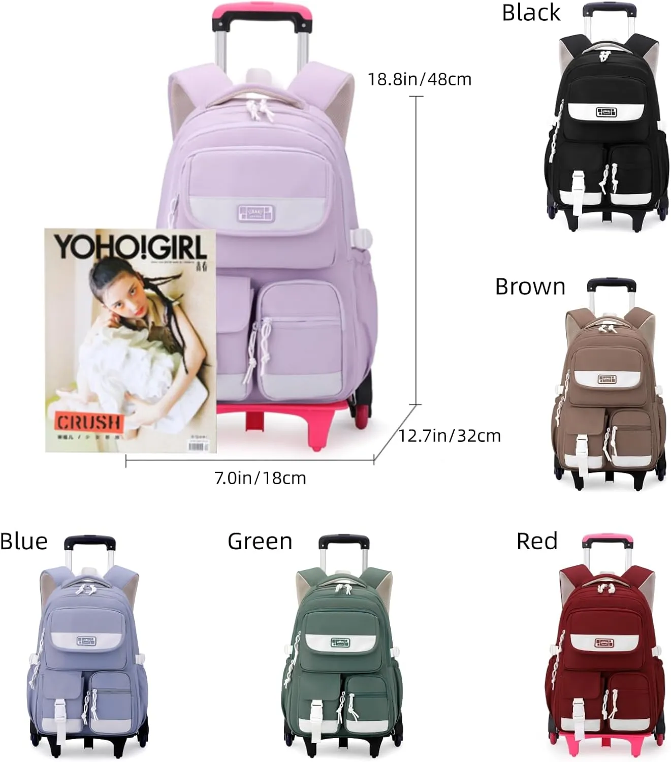 Solid Color Rolling Backpack for Girls Boys Cute Elementary school bag with wheels,Green Trolley Bags for Travel