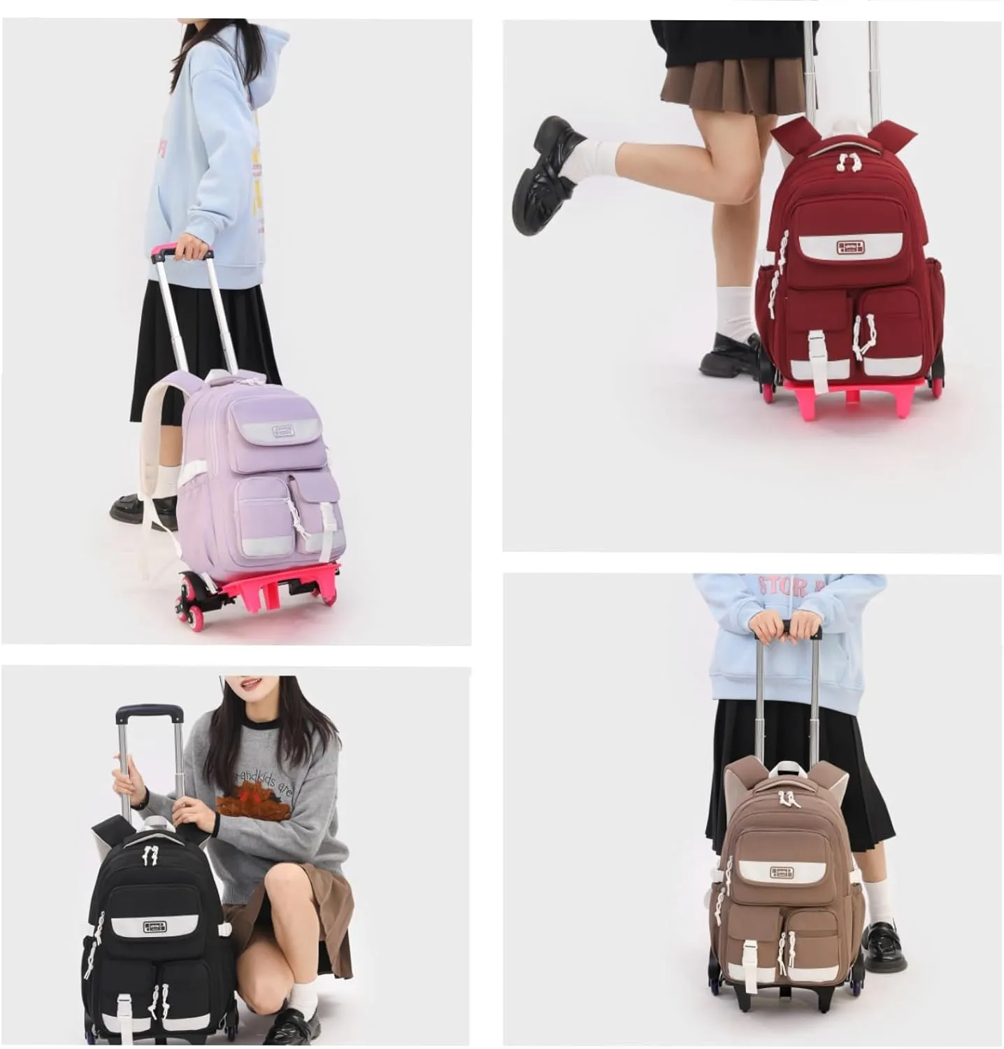 Solid Color Rolling Backpack for Girls Boys Cute Elementary school bag with wheels,Green Trolley Bags for Travel