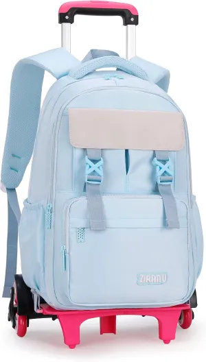 Solid-Color Rolling Backpack for Girls, Trolley Wheel School Bag, Wheeled Bookbag on 6 Wheels