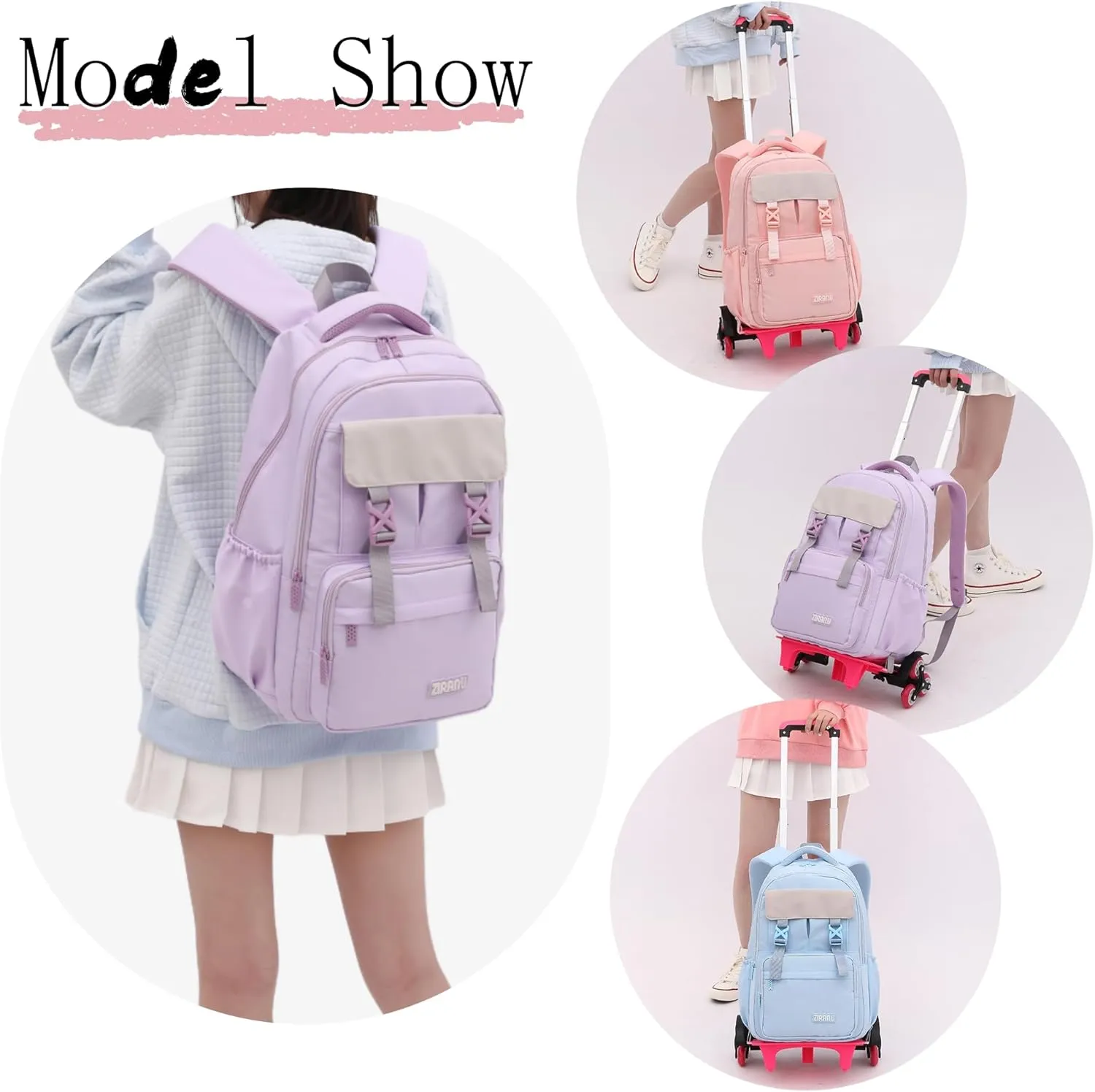 Solid-Color Rolling Backpack for Girls, Trolley Wheel School Bag, Wheeled Bookbag on 6 Wheels