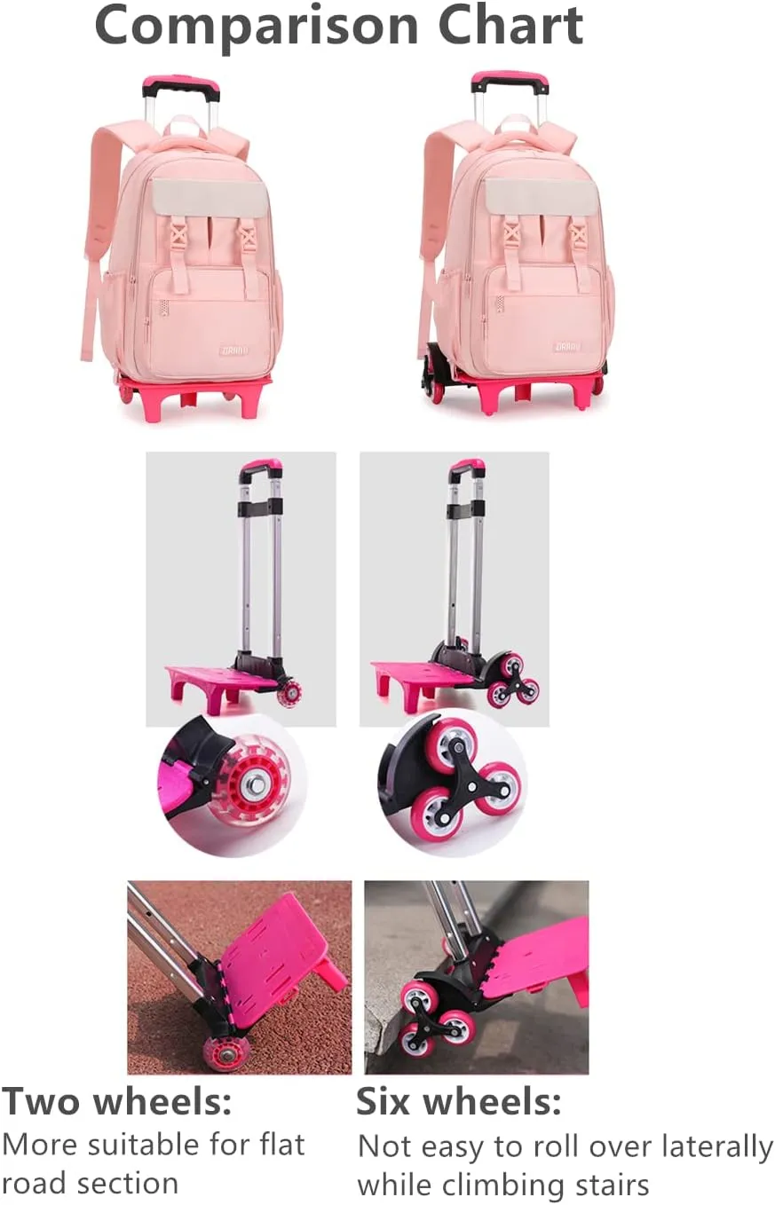 Solid-Color Rolling Backpack for Girls, Trolley Wheel School Bag, Wheeled Bookbag on 6 Wheels