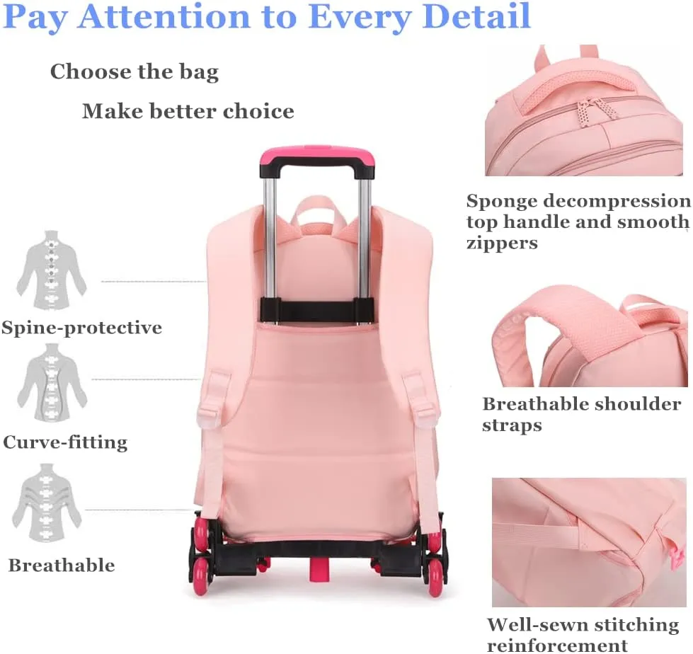 Solid-Color Rolling Backpack for Girls, Trolley Wheel School Bag, Wheeled Bookbag on 6 Wheels