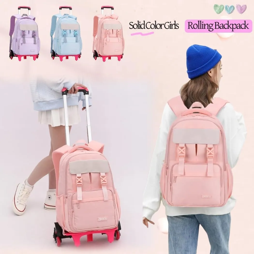Solid-Color Rolling Backpack for Girls, Trolley Wheel School Bag, Wheeled Bookbag on 6 Wheels