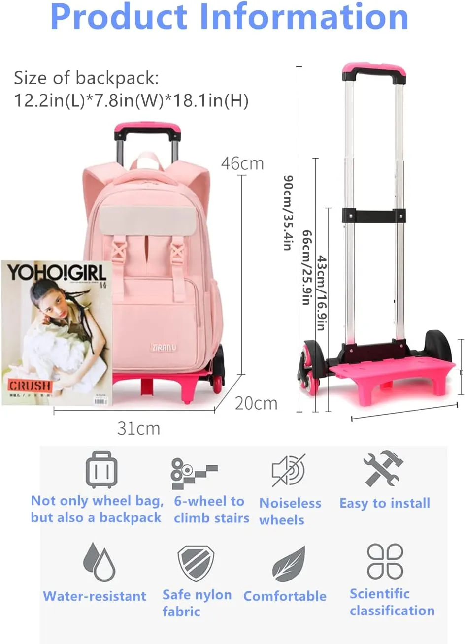 Solid-Color Rolling Backpack for Girls, Trolley Wheel School Bag, Wheeled Bookbag on 6 Wheels