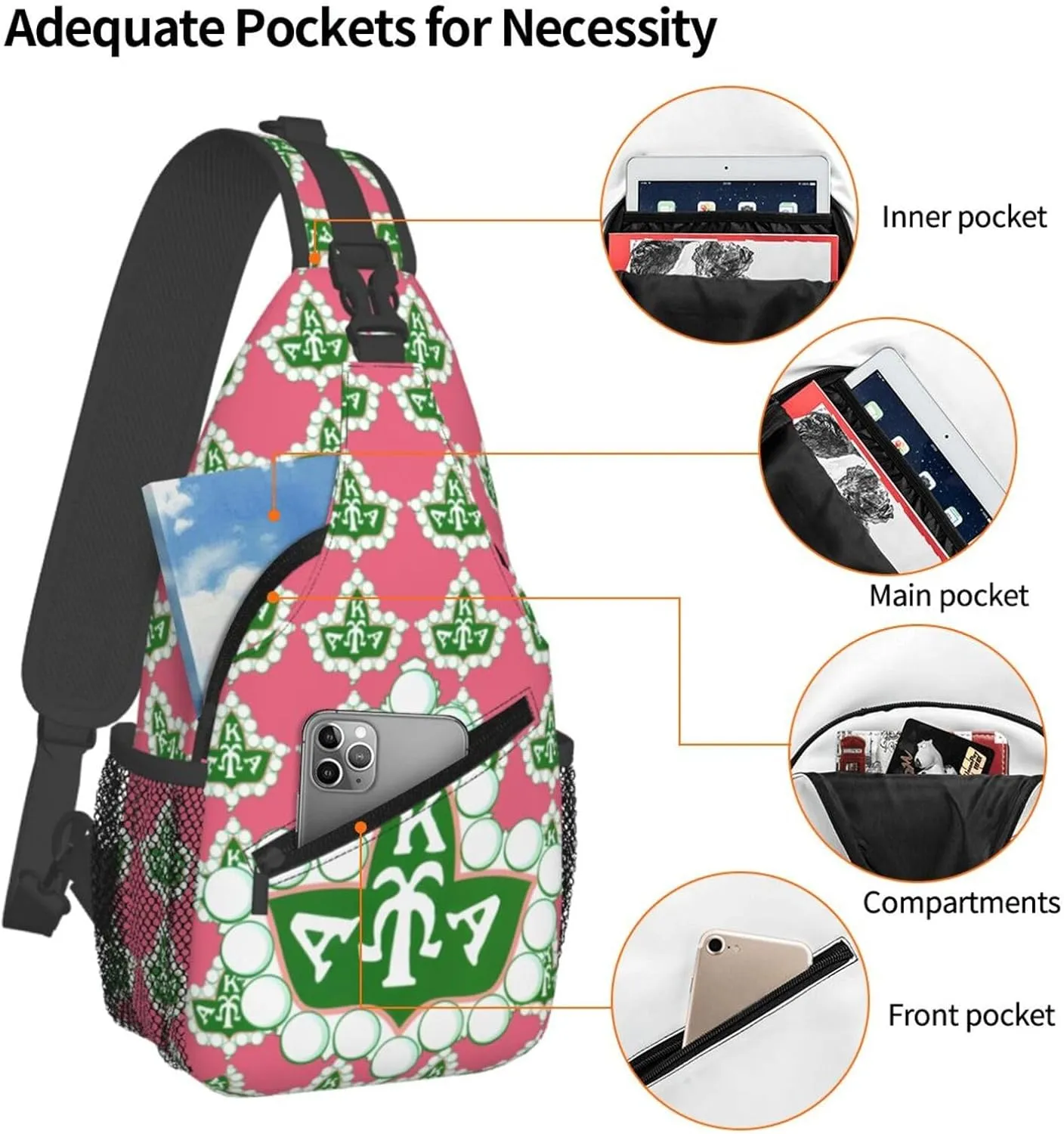 Sorority Gifts Paraphernalia Sling Bag Crossbody Travel Hiking Chest Daypack For Women - Pink, 7.5 x 3.5 x 15.4 inches