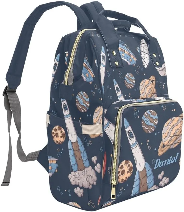 Space Spaceships Planets Personalized Diaper Bag Backpack,Custom Name Diaper Backpack Nursing Baby Mommy Bag for Boys Girls Shower Gift