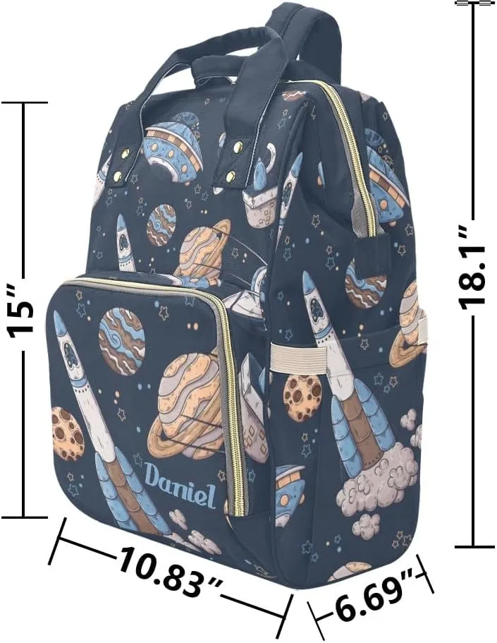 Space Spaceships Planets Personalized Diaper Bag Backpack,Custom Name Diaper Backpack Nursing Baby Mommy Bag for Boys Girls Shower Gift