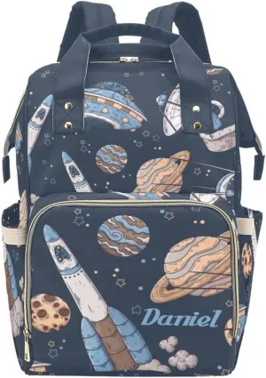 Space Spaceships Planets Personalized Diaper Bag Backpack,Custom Name Diaper Backpack Nursing Baby Mommy Bag for Boys Girls Shower Gift