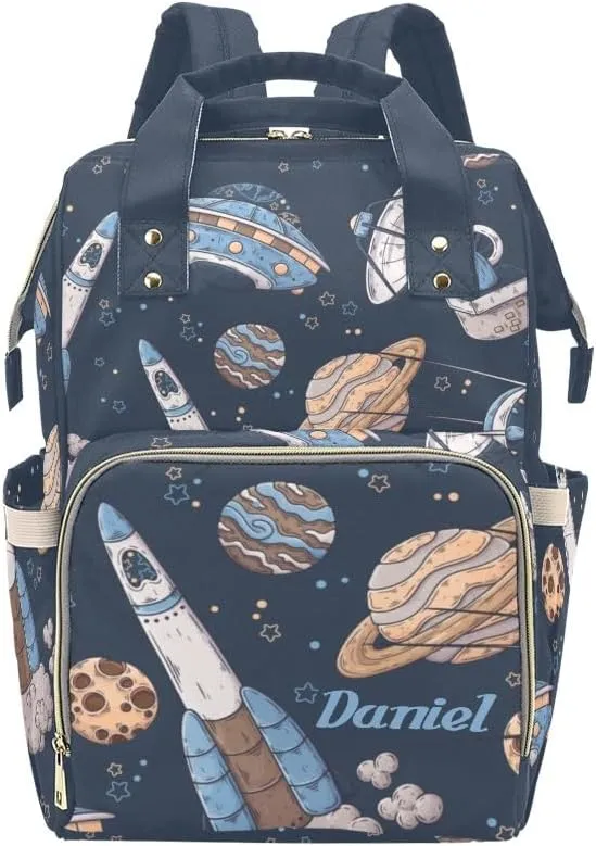 Space Spaceships Planets Personalized Diaper Bag Backpack,Custom Name Diaper Backpack Nursing Baby Mommy Bag for Boys Girls Shower Gift