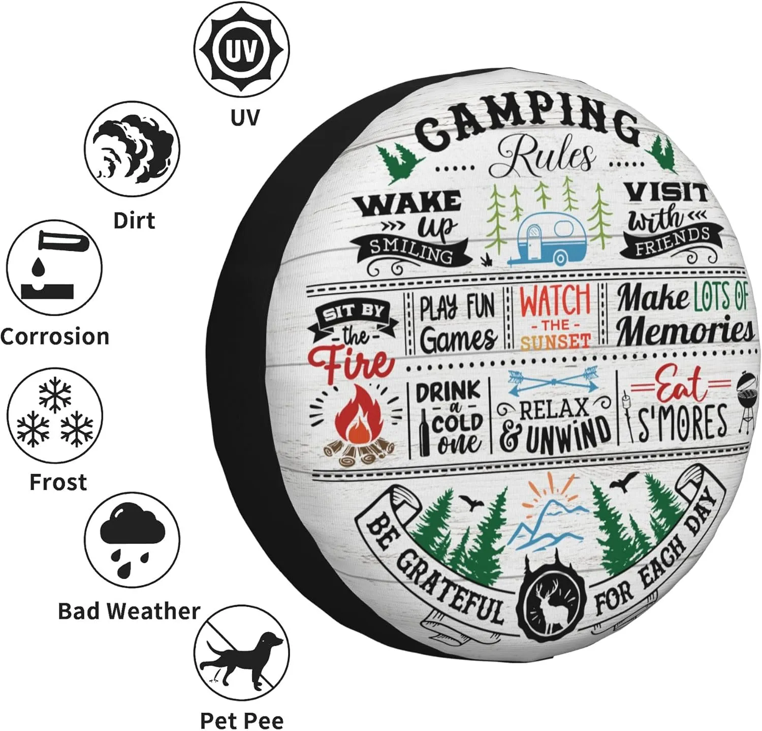 Spare Tire Cover for RV Camper Camping Rules, Weatherproof Universal Wheel Cover for RV Travel Trailer Camper Truck 15inch