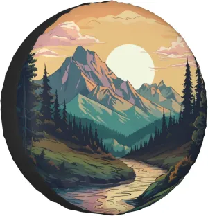 Spare Tire Cover for RV Camper Trailer Mountains Forest Nature Sunset Scenery, Weatherproof Universal Wheel Cover for RV Travel Trailer Camper Truck 15inch
