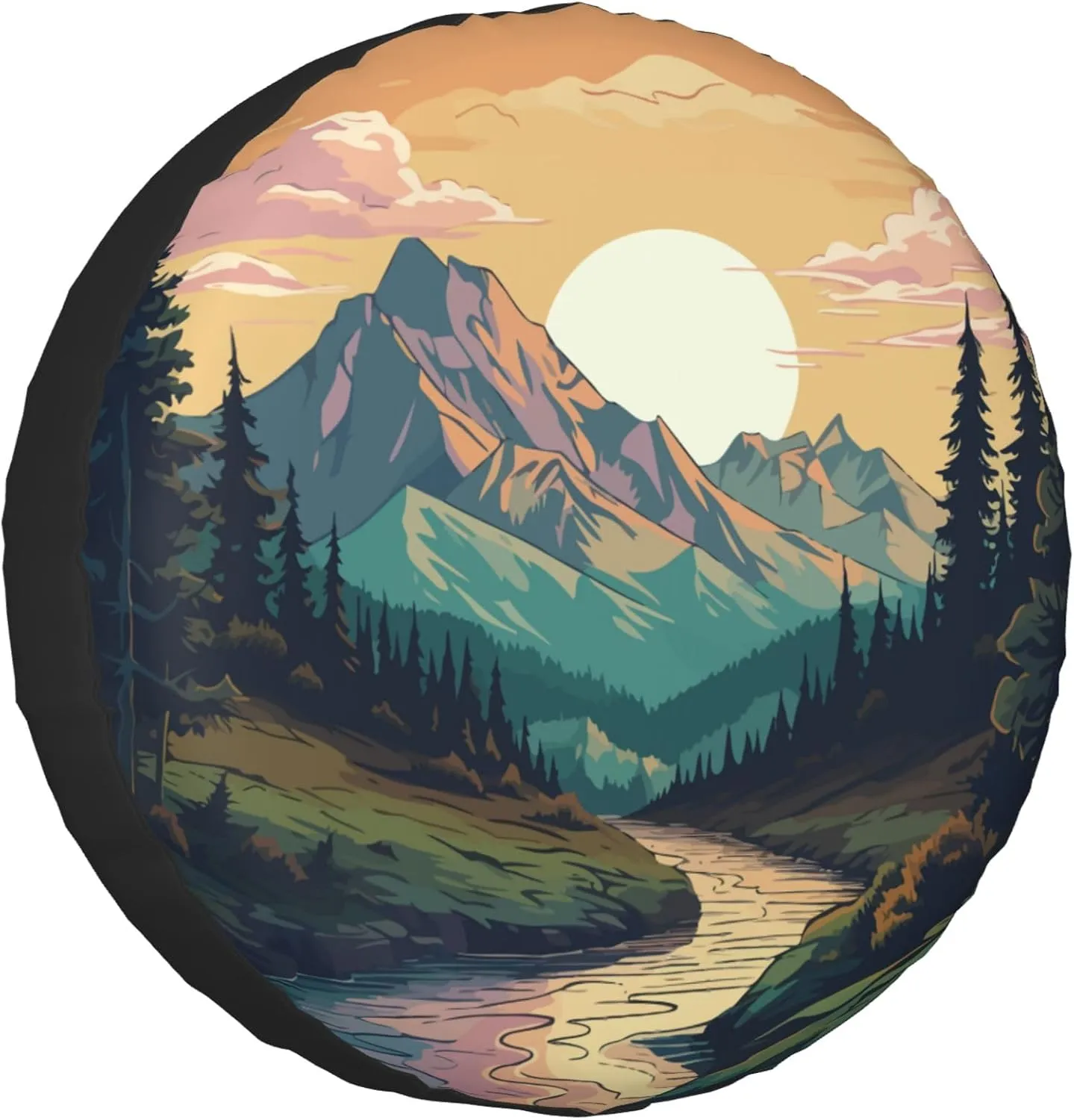 Spare Tire Cover for RV Camper Trailer Mountains Forest Nature Sunset Scenery, Weatherproof Universal Wheel Cover for RV Travel Trailer Camper Truck 15inch
