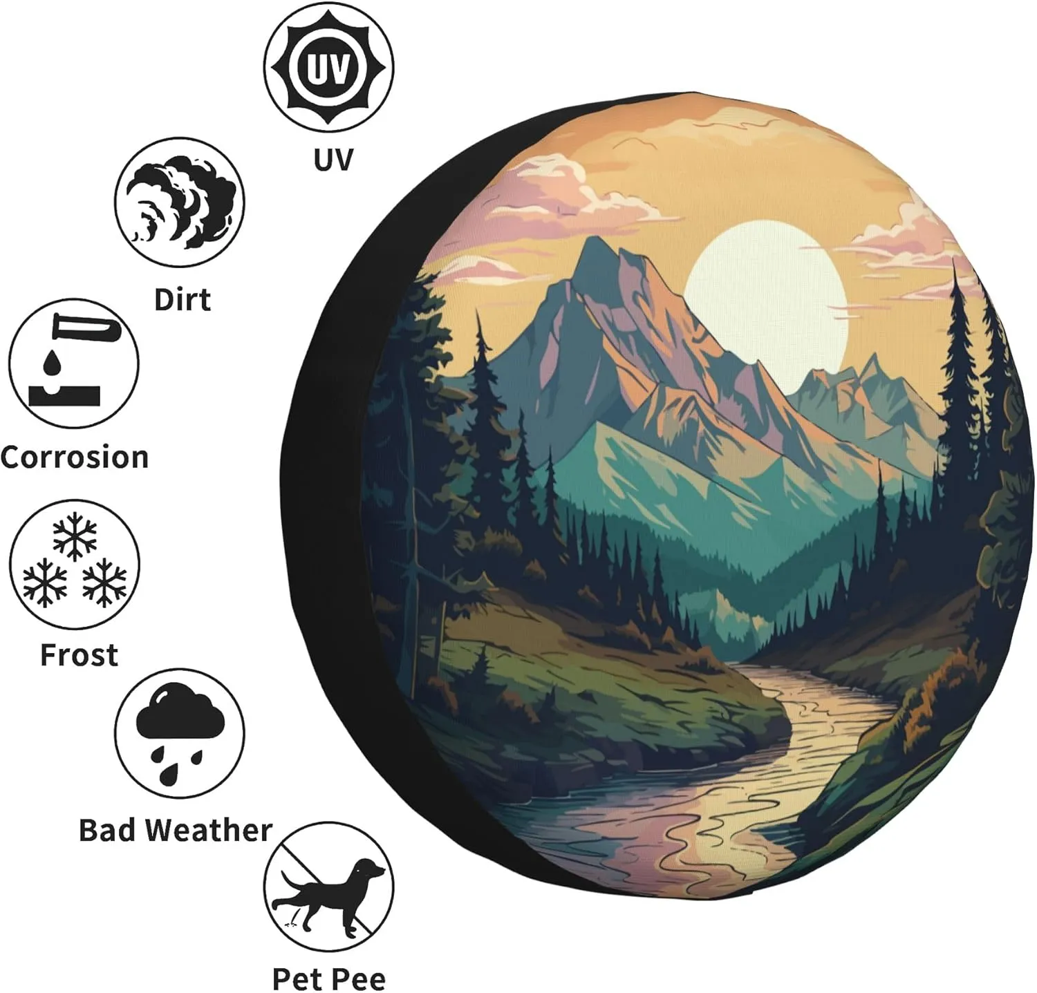 Spare Tire Cover for RV Camper Trailer Mountains Forest Nature Sunset Scenery, Weatherproof Universal Wheel Cover for RV Travel Trailer Camper Truck 15inch