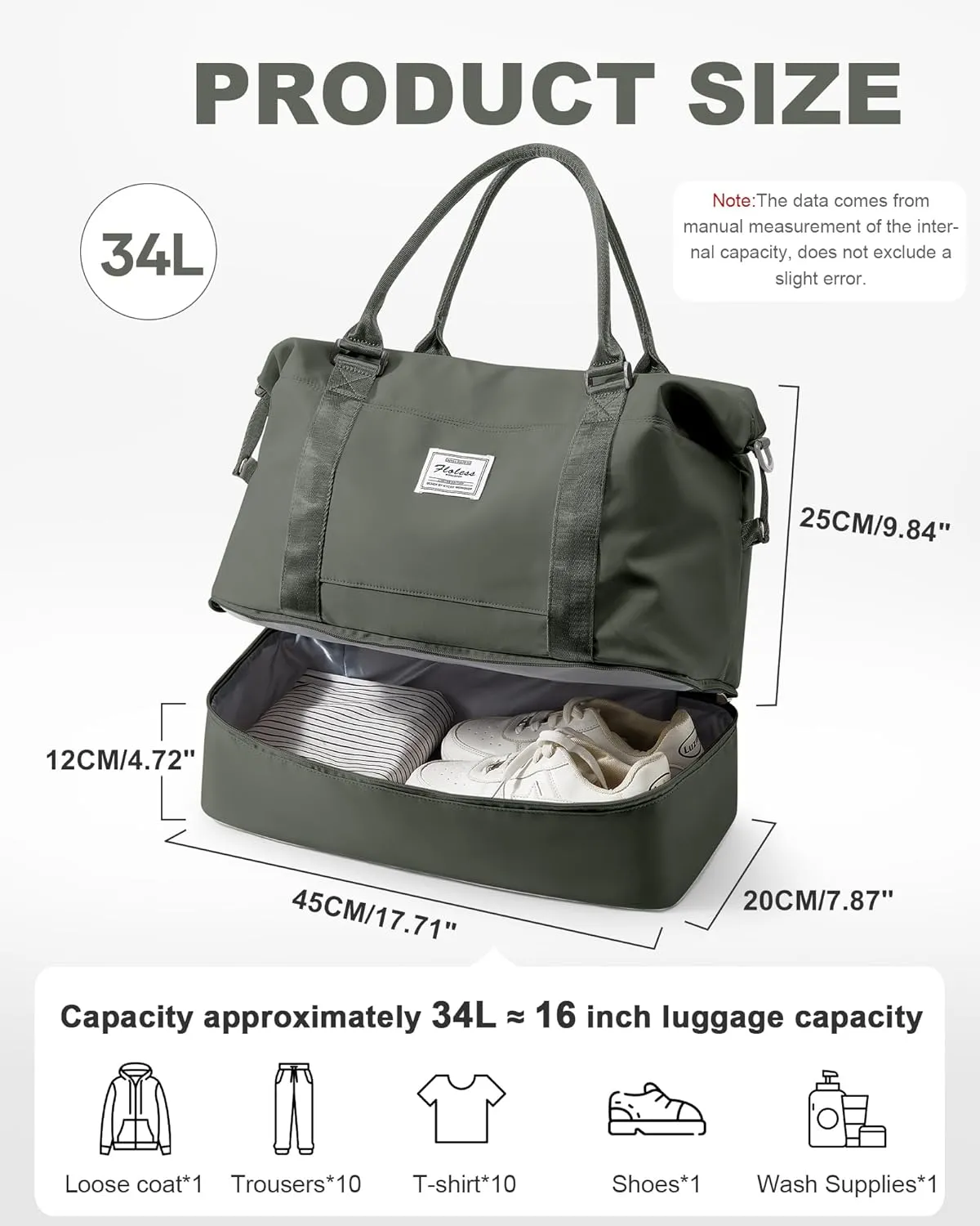 Spirit Travel Duffel - 18x14x8 Inches Weekender Overnight Bag with Shoes Compartment, Trolley Sleeve, Carry On for Airplanes, Sport Tote Gym Bag - Green