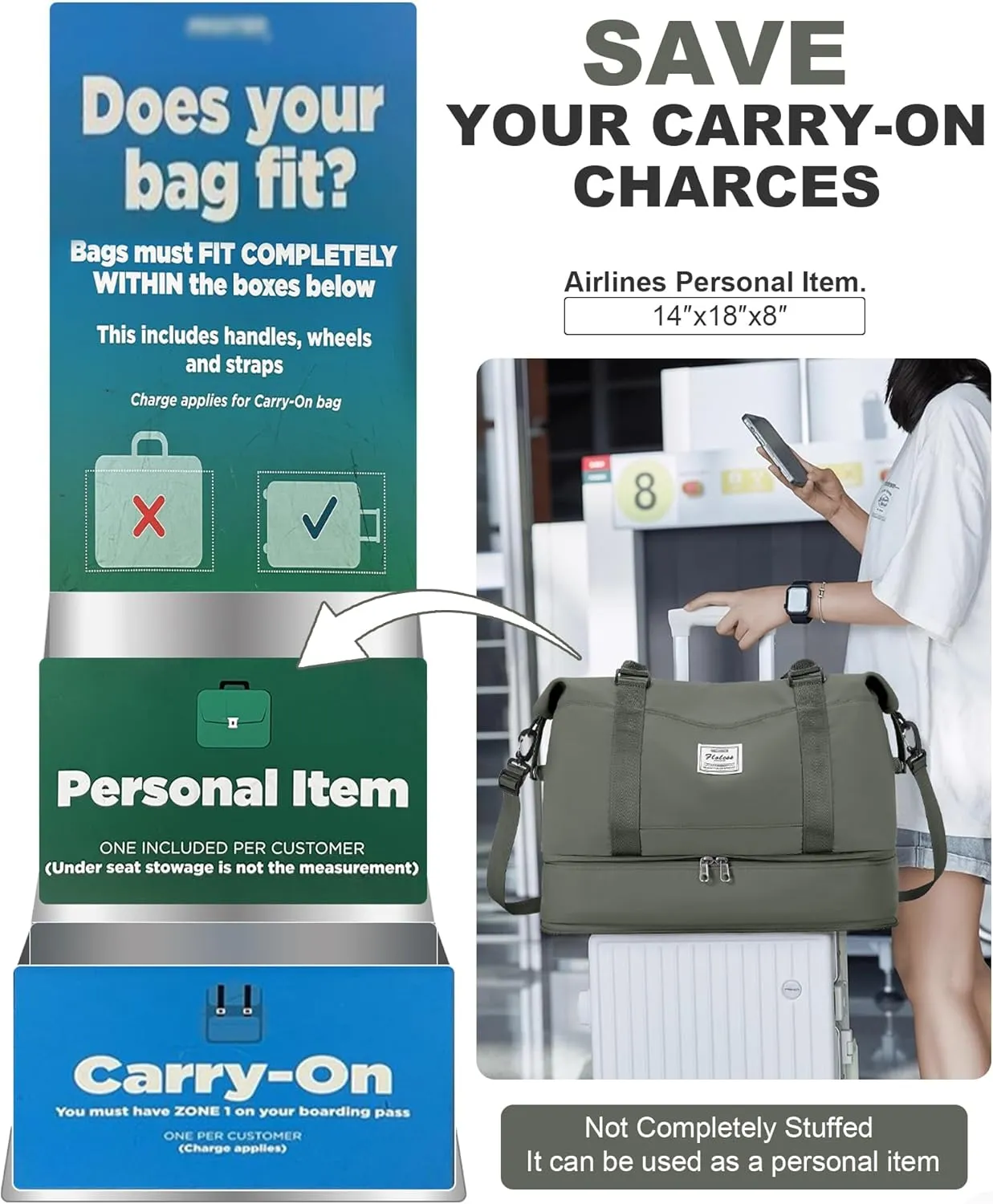 Spirit Travel Duffel - 18x14x8 Inches Weekender Overnight Bag with Shoes Compartment, Trolley Sleeve, Carry On for Airplanes, Sport Tote Gym Bag - Green