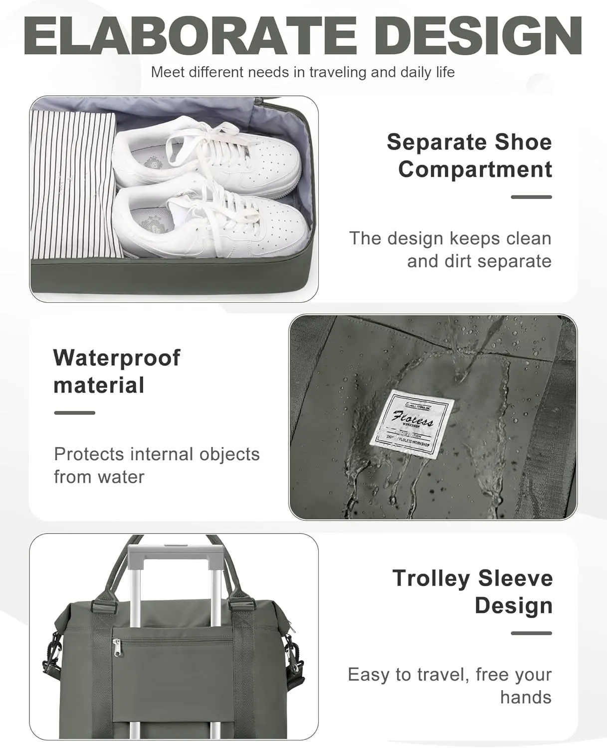 Spirit Travel Duffel - 18x14x8 Inches Weekender Overnight Bag with Shoes Compartment, Trolley Sleeve, Carry On for Airplanes, Sport Tote Gym Bag - Green