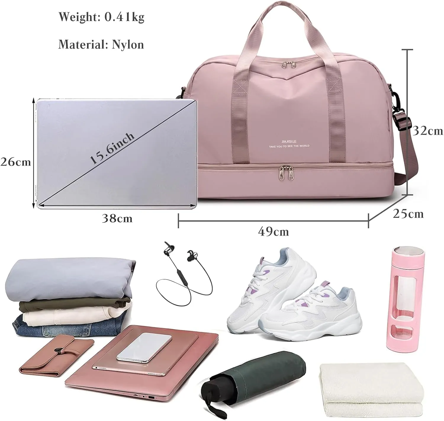 Sports Gym Bag for Women/Men Large Capacity Travel Duffel Bag Waterproof Nylon Weekender Overnight Bag Lightweight Hospital Bag Carry on Luggage with Shoes Compartment and Wet Pocket Pink