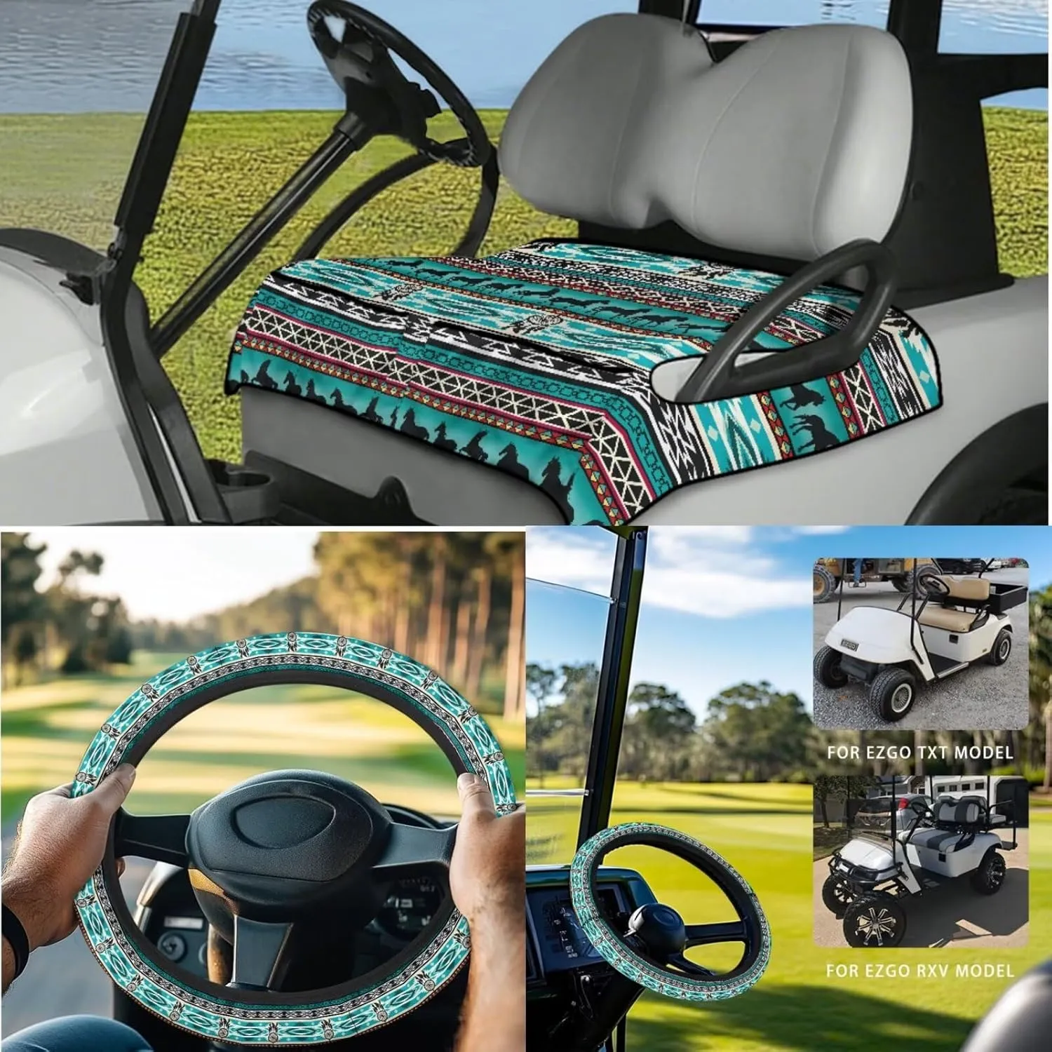 Sporty Golf Cart Essentials - Quick-Dry Seat Blanket (4 Pockets)   Non-Slip Steering Cover, Green Aztec Horse Print Lightweight Travel Golf Accessories for Golfers