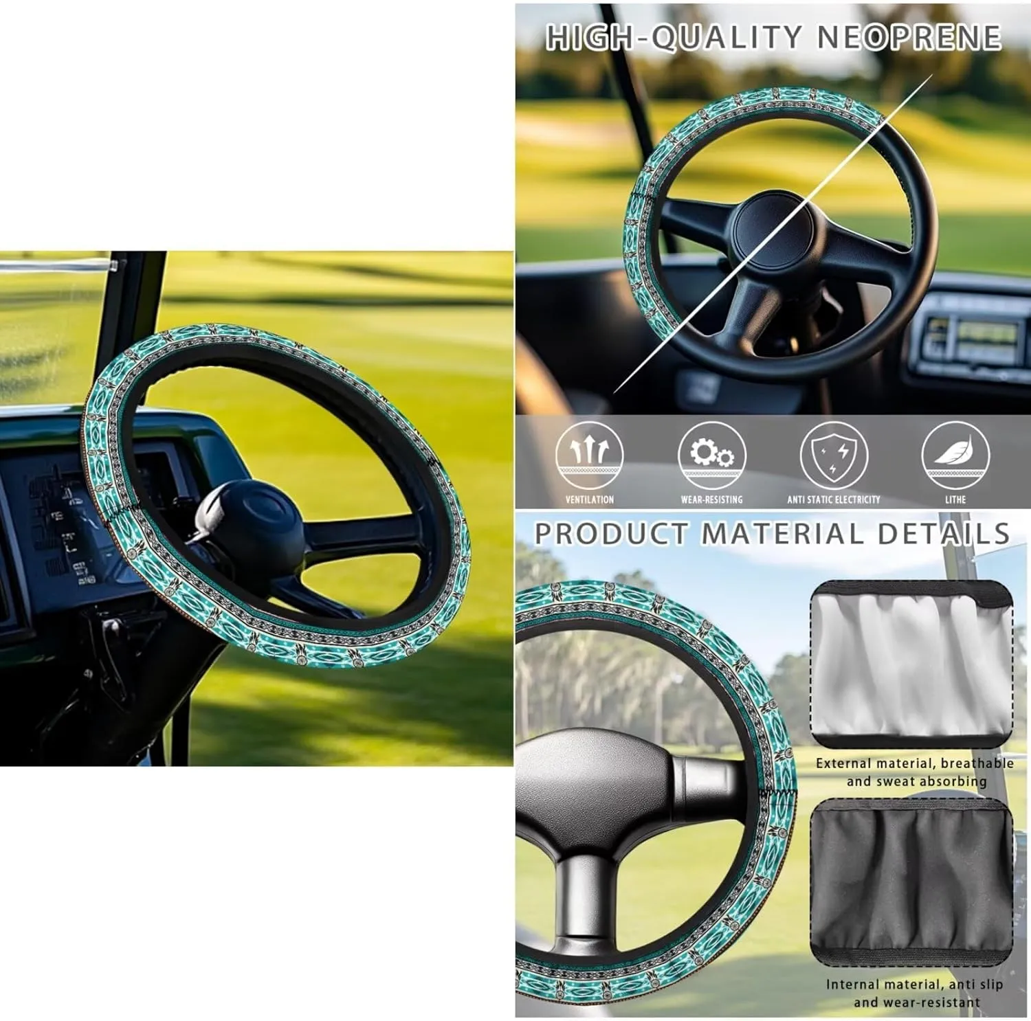 Sporty Golf Cart Essentials - Quick-Dry Seat Blanket (4 Pockets)   Non-Slip Steering Cover, Green Aztec Horse Print Lightweight Travel Golf Accessories for Golfers