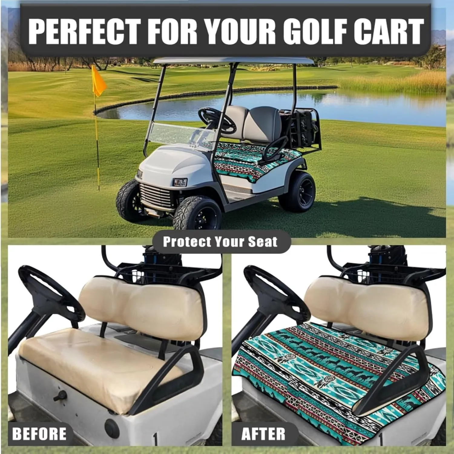 Sporty Golf Cart Essentials - Quick-Dry Seat Blanket (4 Pockets)   Non-Slip Steering Cover, Green Aztec Horse Print Lightweight Travel Golf Accessories for Golfers