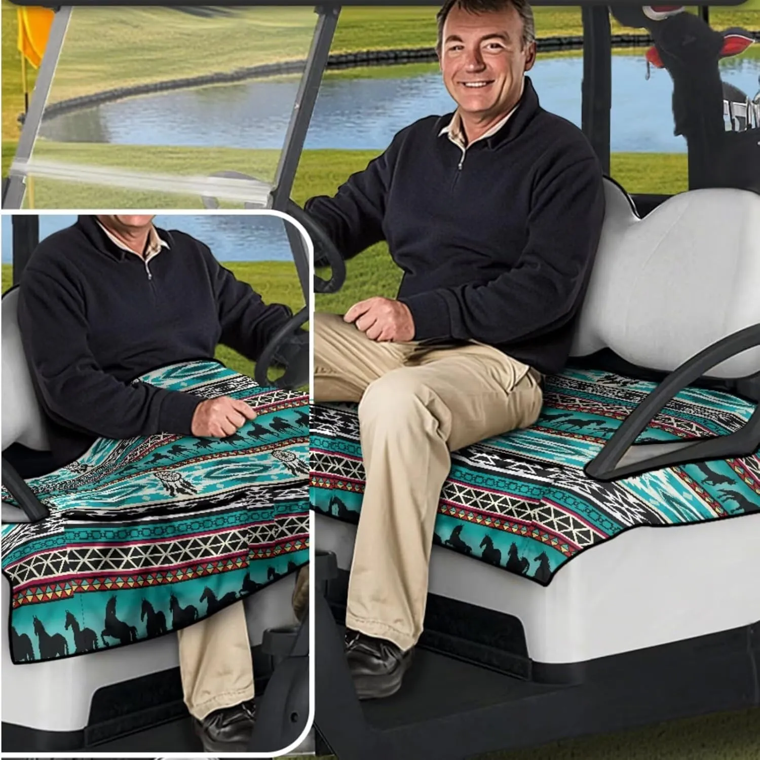 Sporty Golf Cart Essentials - Quick-Dry Seat Blanket (4 Pockets)   Non-Slip Steering Cover, Green Aztec Horse Print Lightweight Travel Golf Accessories for Golfers