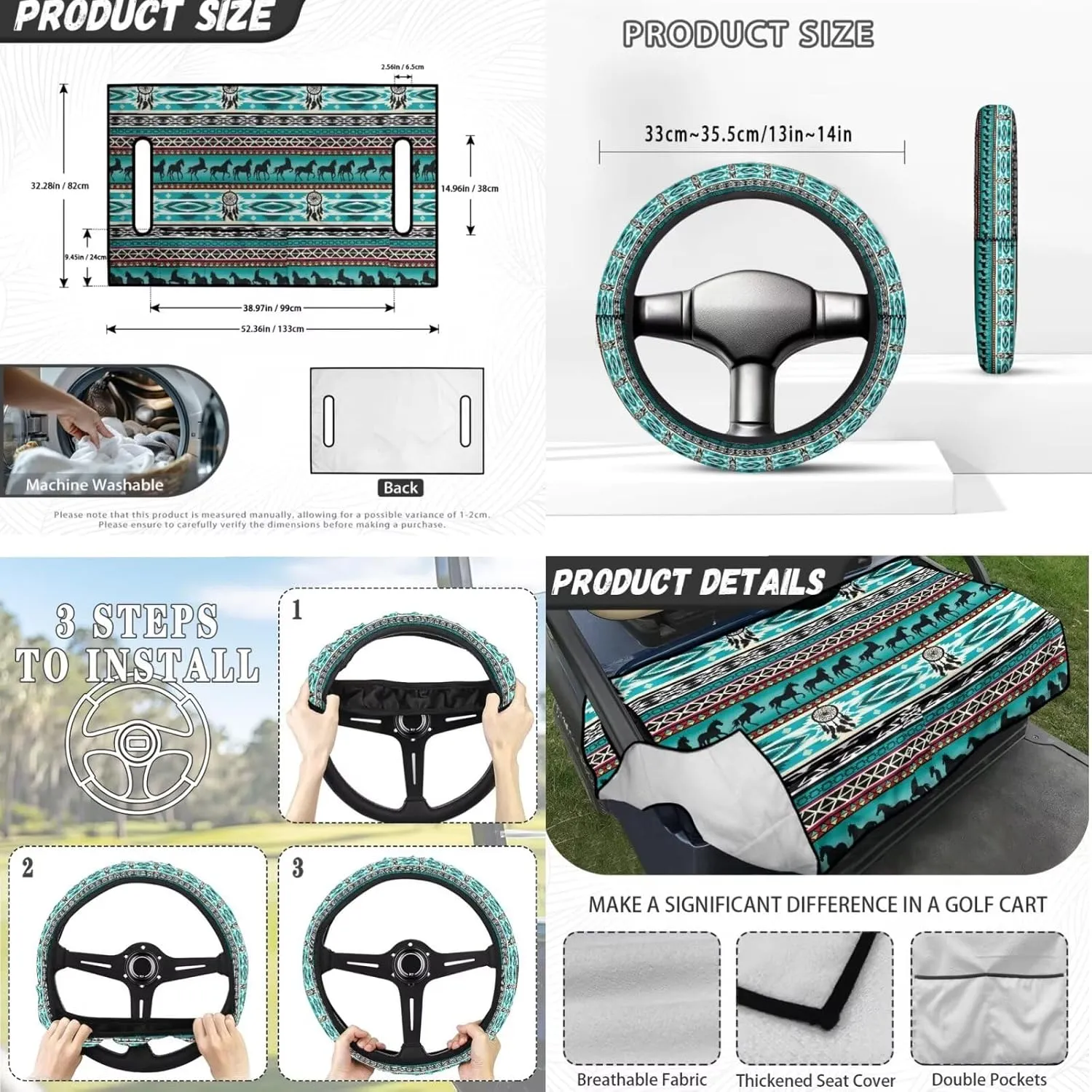 Sporty Golf Cart Essentials - Quick-Dry Seat Blanket (4 Pockets)   Non-Slip Steering Cover, Green Aztec Horse Print Lightweight Travel Golf Accessories for Golfers