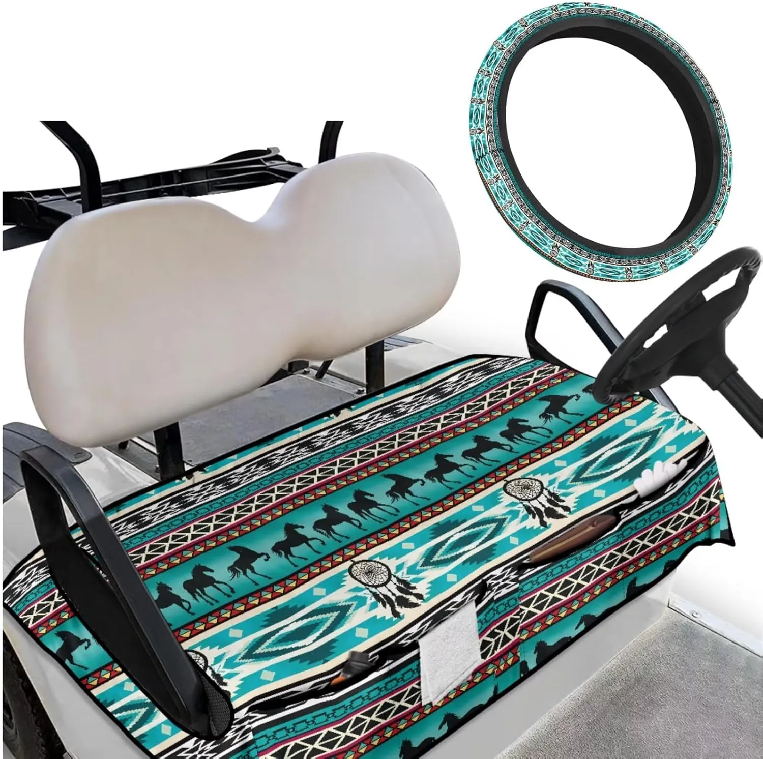 Sporty Golf Cart Essentials - Quick-Dry Seat Blanket (4 Pockets)   Non-Slip Steering Cover, Green Aztec Horse Print Lightweight Travel Golf Accessories for Golfers