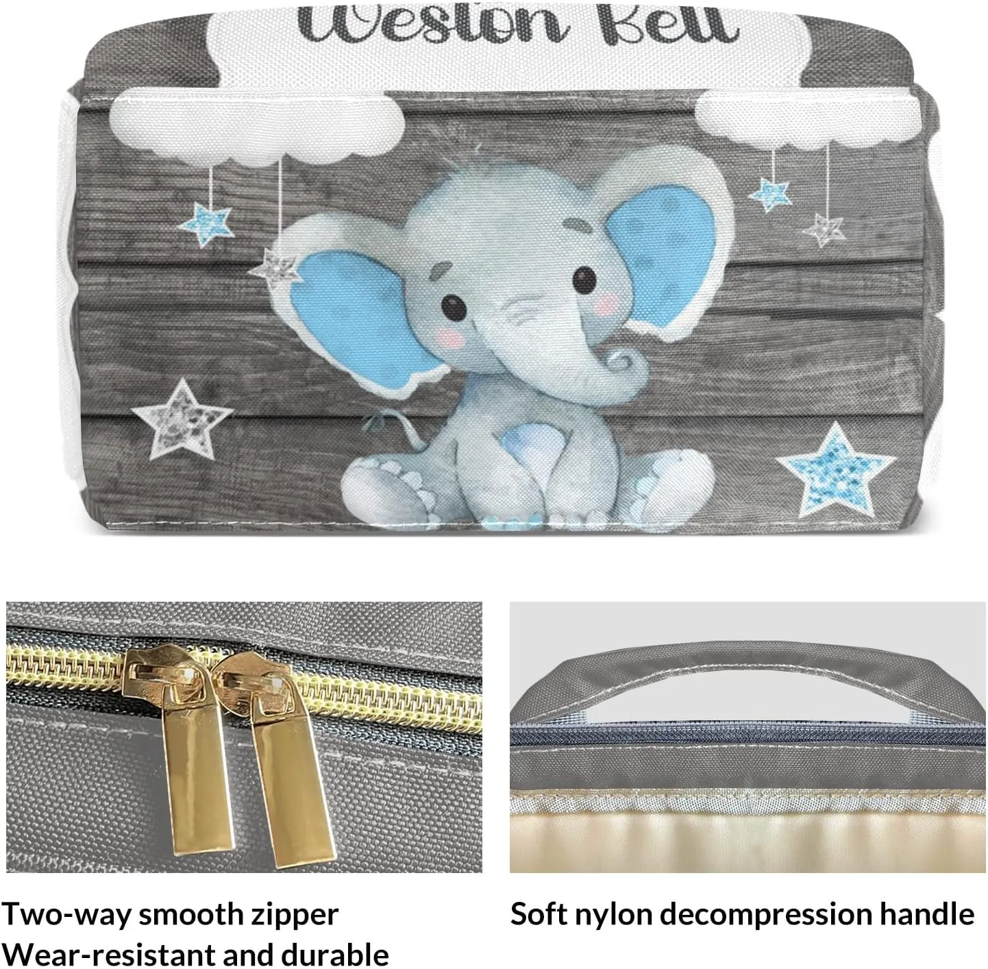 Star Elephant Gray Monogram Personalized Large Capacity Diaper Bags,Custom Name Backpack Casual Daypack Bag Nappy Bag Gifts