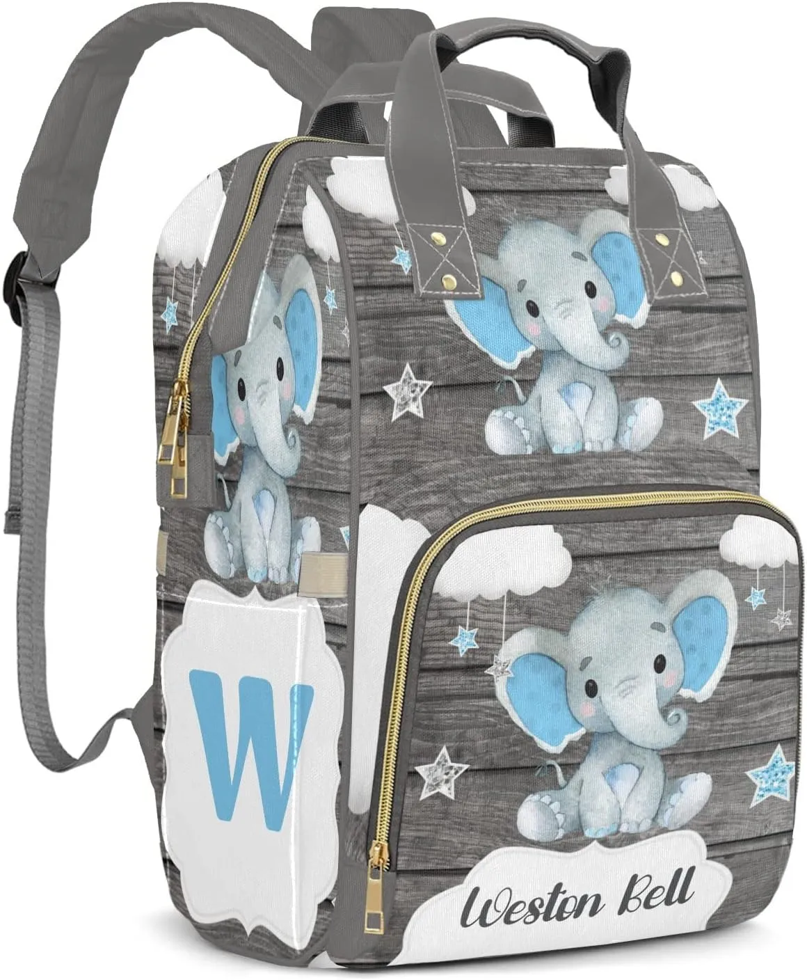 Star Elephant Gray Monogram Personalized Large Capacity Diaper Bags,Custom Name Backpack Casual Daypack Bag Nappy Bag Gifts