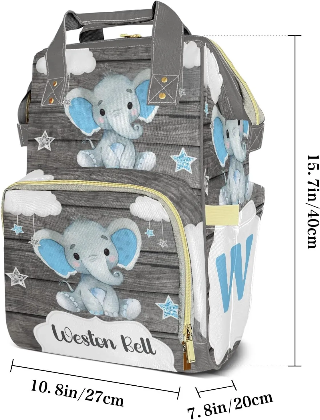 Star Elephant Gray Monogram Personalized Large Capacity Diaper Bags,Custom Name Backpack Casual Daypack Bag Nappy Bag Gifts
