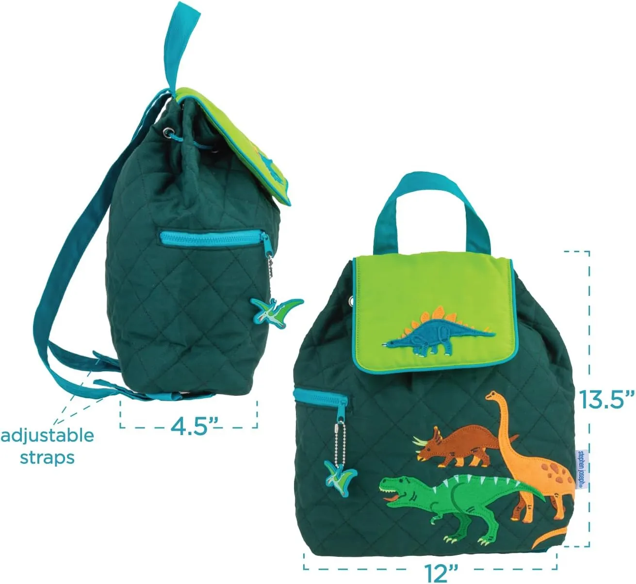 Stephen Joseph Kids' Unisex Toddler Back to School, Quilted Backpack, Green Dino, One Size