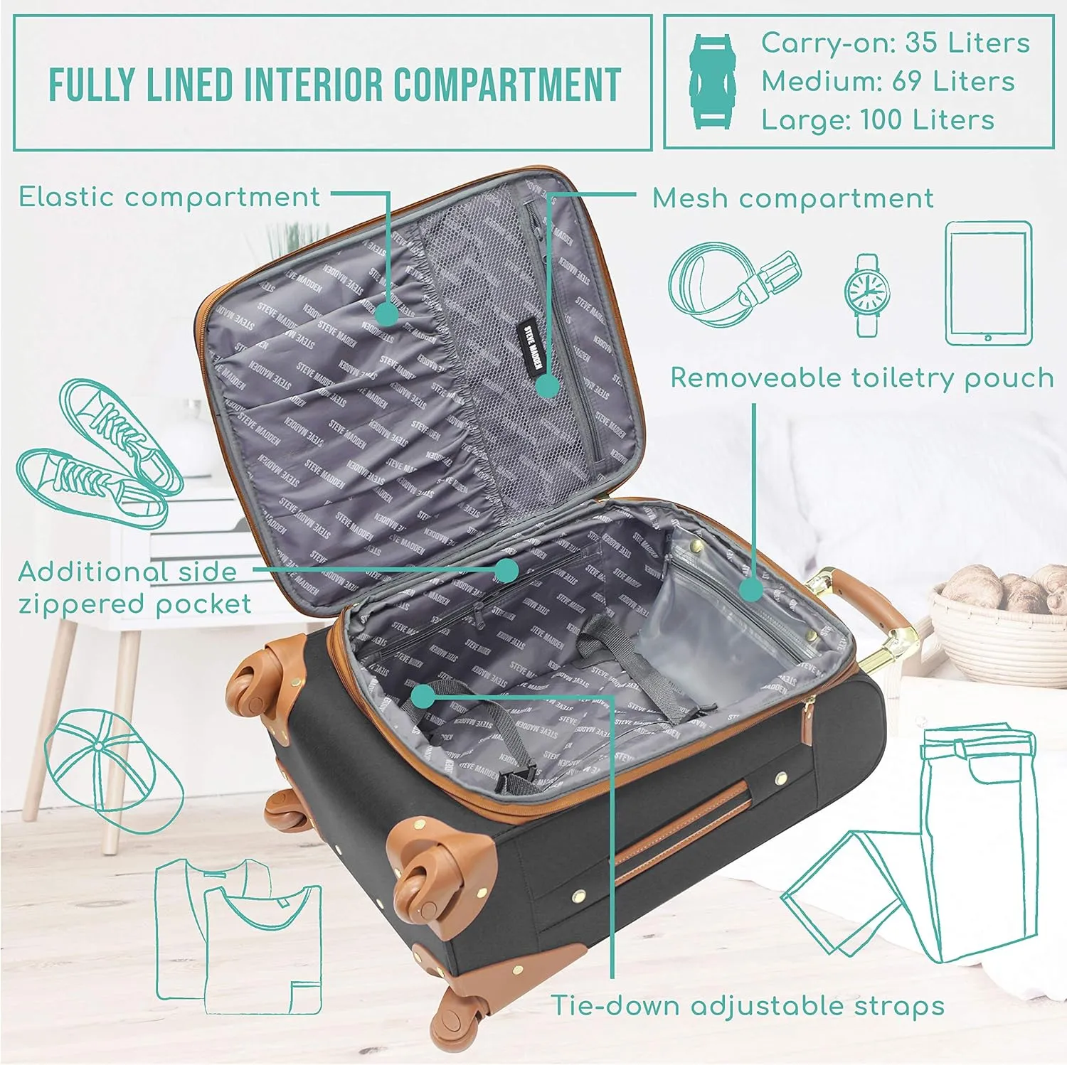 Steve Madden Designer-Gepckkollektion 4-teiliges Softside-Koffer-Set Reise-Set enthlt eine Tragetasche, 50,8 cm Handgepck, 61 cm und 71,1 cm Karierte Koffer