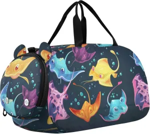 Stingray Fishes Colorful Cartoon Sports Duffle Bag for Teens Girls Boys, Gym Bag with Shoe Compartment, Kids Travel Overnight Weekender Shoulder Bag