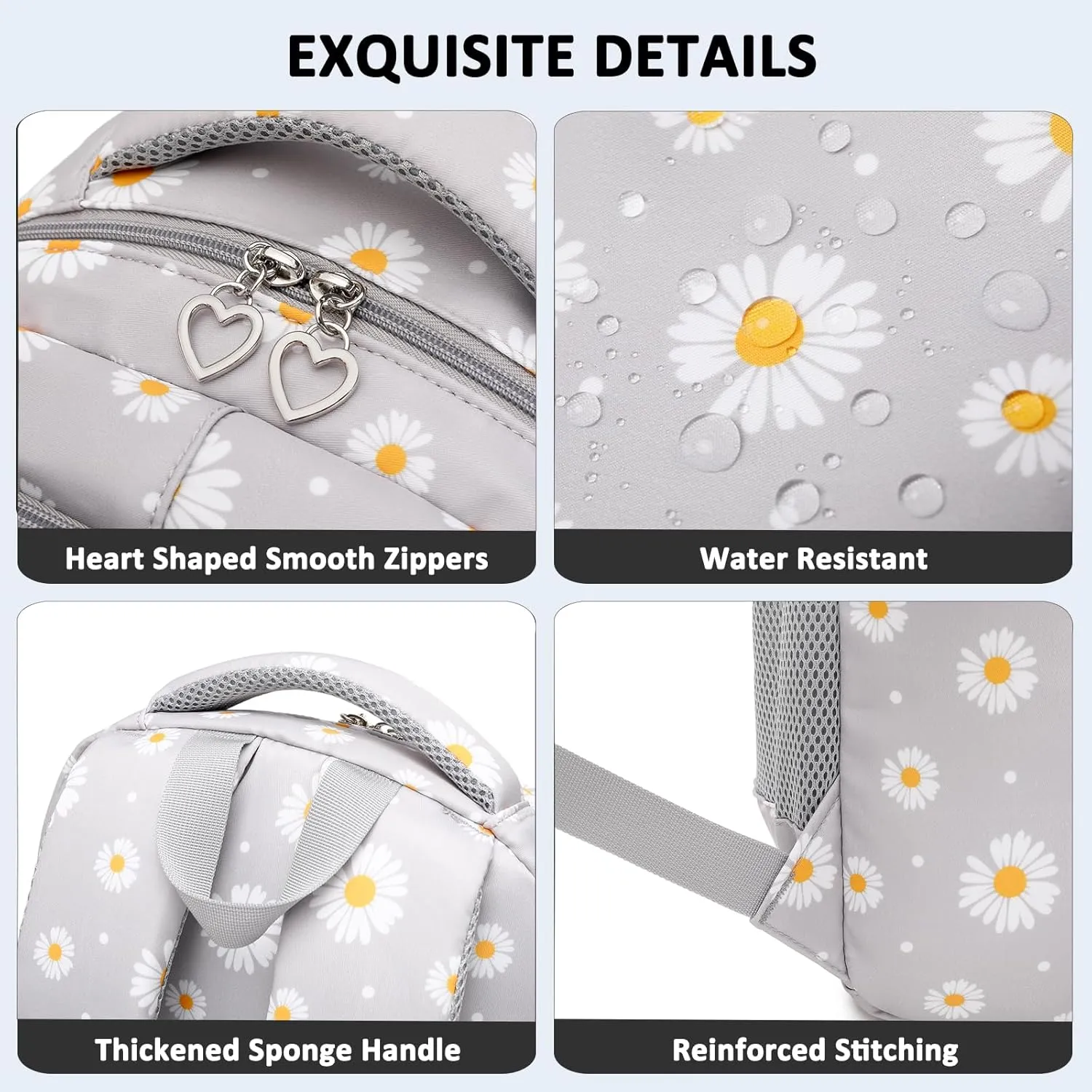 Sugaroom 3Pcs Lightweight Water Resistant Daisy Backpack for Girls Backpack with Lunch Box School Backpack Elementary Primary Kids Bookbags Set