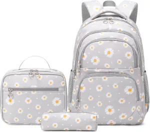 Sugaroom 3Pcs Lightweight Water Resistant Daisy Backpack for Girls Backpack with Lunch Box School Backpack Elementary Primary Kids Bookbags Set