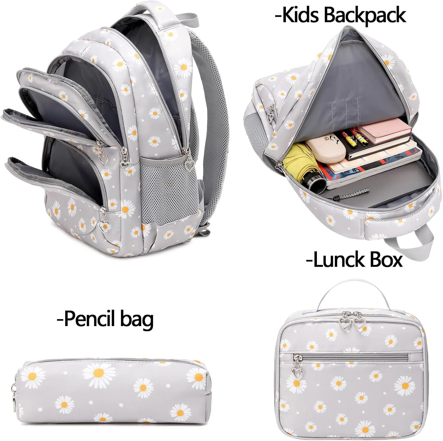 Sugaroom 3Pcs Lightweight Water Resistant Daisy Backpack for Girls Backpack with Lunch Box School Backpack Elementary Primary Kids Bookbags Set