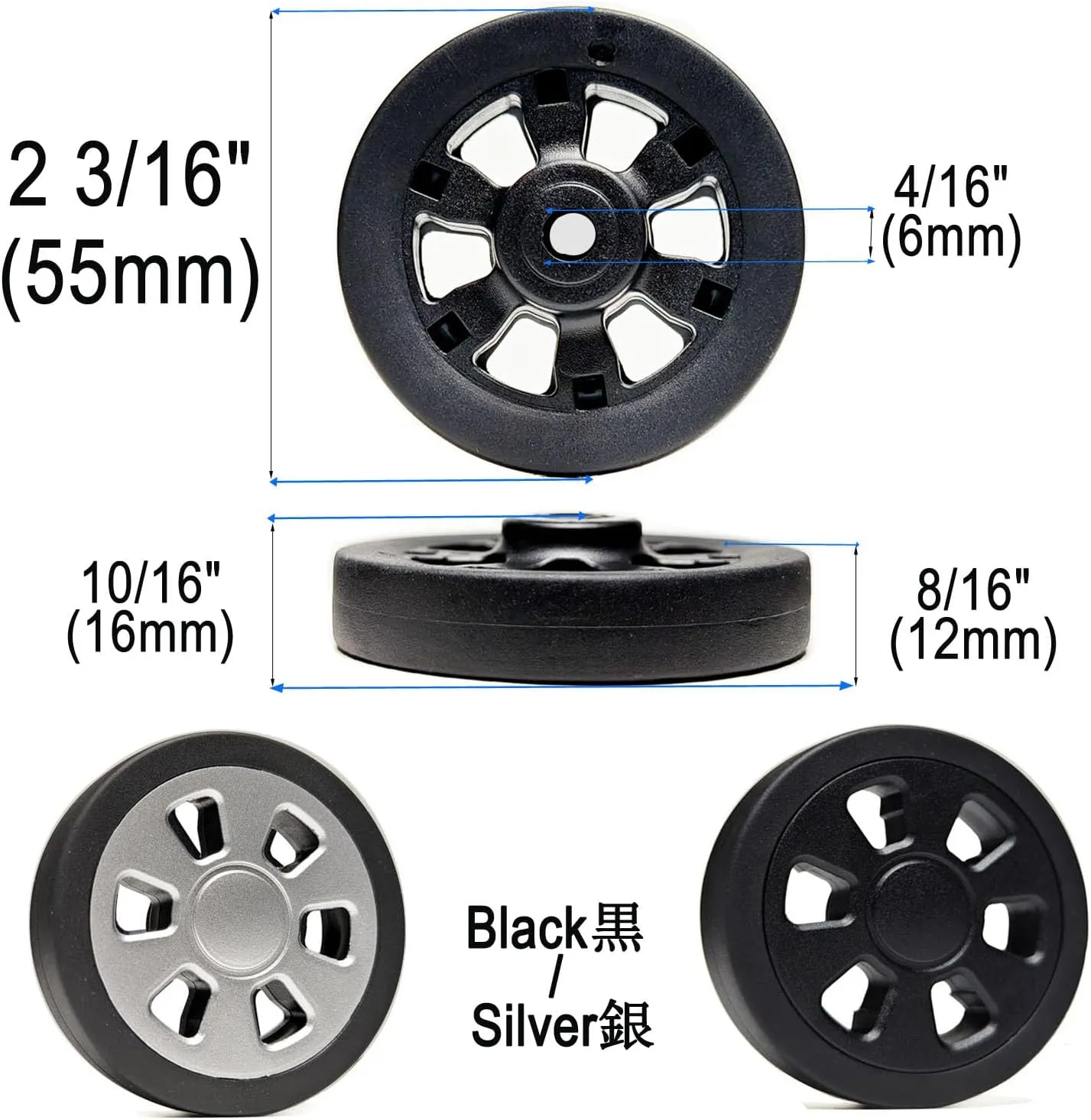 Suitcase Spinner Replacement Set 55x12mm 4PCS Rubber Luggage Wheels Mute Flexible Smooth Swivel with 2 Size Axles for Damaged Luggage Roller Trolley Caster Repair