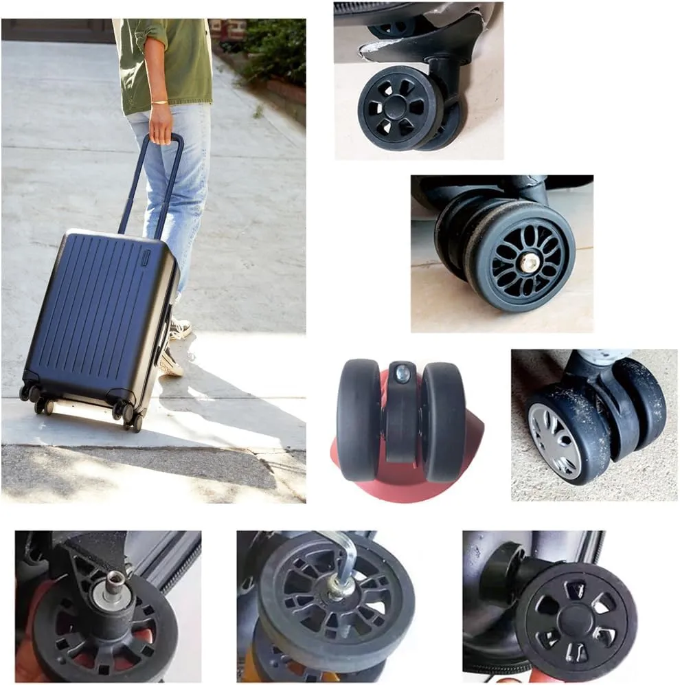 Suitcase Spinner Replacement Set 55x12mm 4PCS Rubber Luggage Wheels Mute Flexible Smooth Swivel with 2 Size Axles for Damaged Luggage Roller Trolley Caster Repair