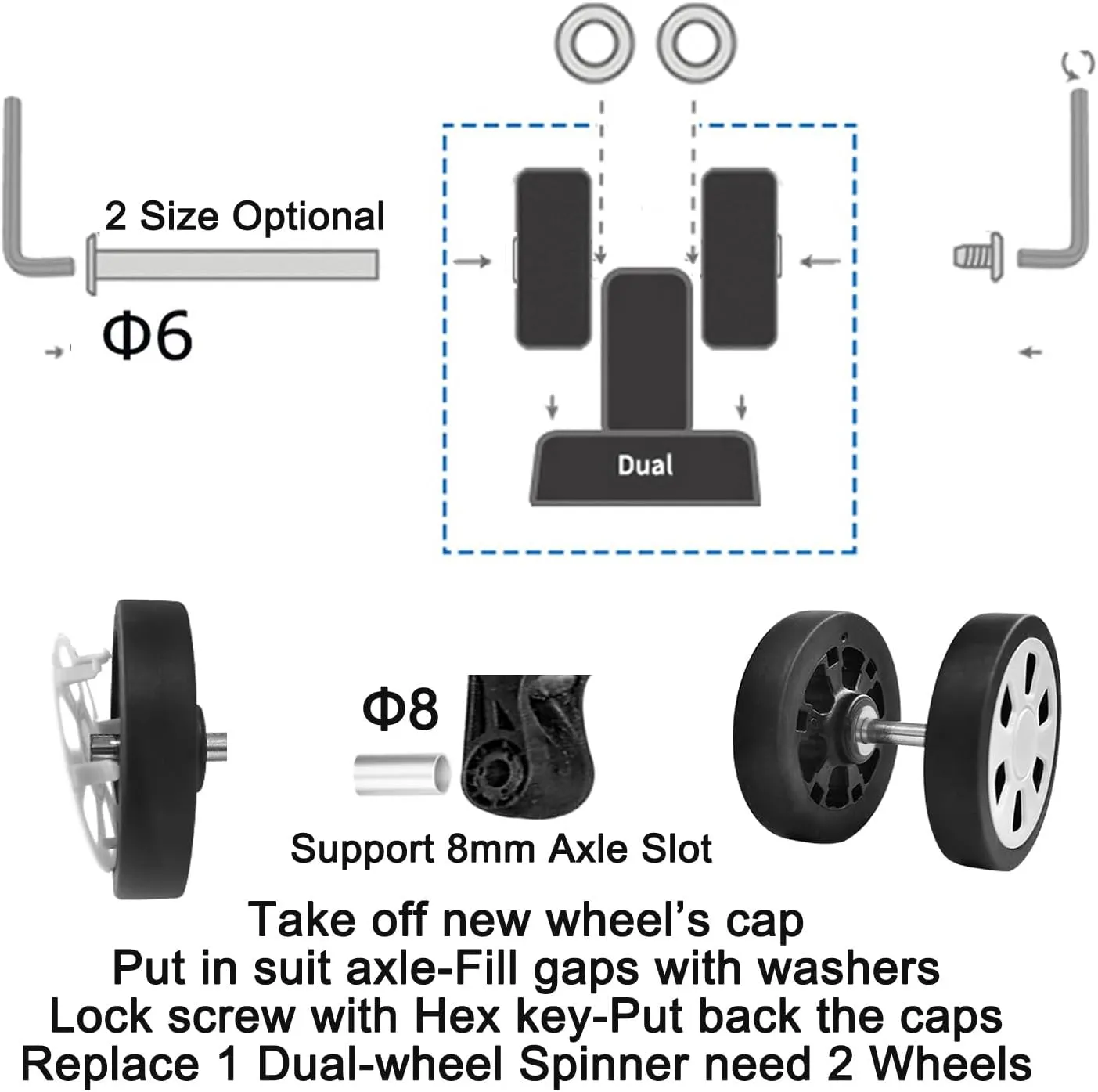 Suitcase Spinner Replacement Set 55x12mm 4PCS Rubber Luggage Wheels Mute Flexible Smooth Swivel with 2 Size Axles for Damaged Luggage Roller Trolley Caster Repair