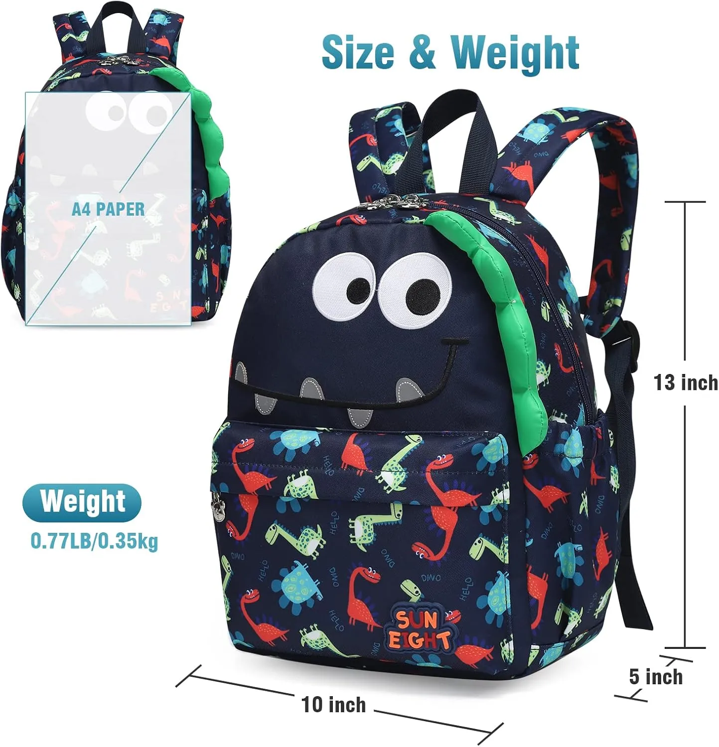 SUN EIGHT Preschool Toddler Kids Backpack Small 3D Cartoon Dinosaur Lunch Daycare School Bookbag Animal Travel Bags for Boy For 2-5 Years old（Cute Dinosaur）