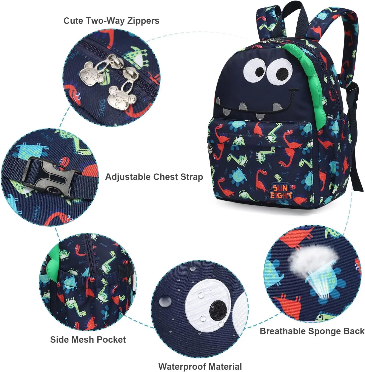 SUN EIGHT Preschool Toddler Kids Backpack Small 3D Cartoon Dinosaur Lunch Daycare School Bookbag Animal Travel Bags for Boy For 2-5 Years old（Cute Dinosaur）