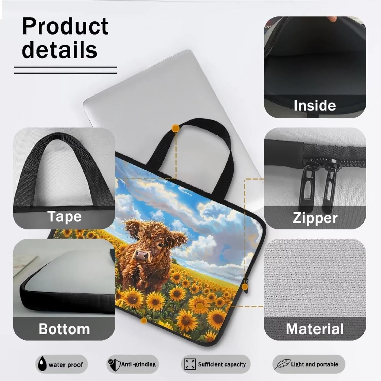 Sunflower Highland Cow Print Laptop Sleeve Case for Women Men Lightweight Travel Laptop Bag Shockproof Computer Protective Briefcase for Study Work, 17inch