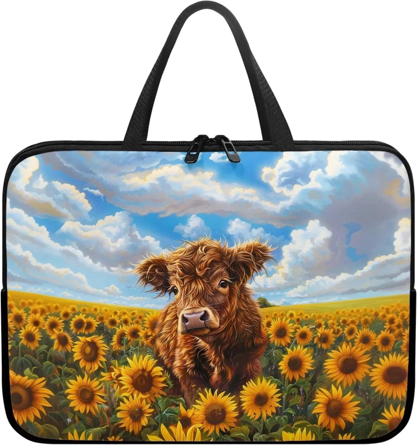 Sunflower Highland Cow Print Laptop Sleeve Case for Women Men Lightweight Travel Laptop Bag Shockproof Computer Protective Briefcase for Study Work, 17inch
