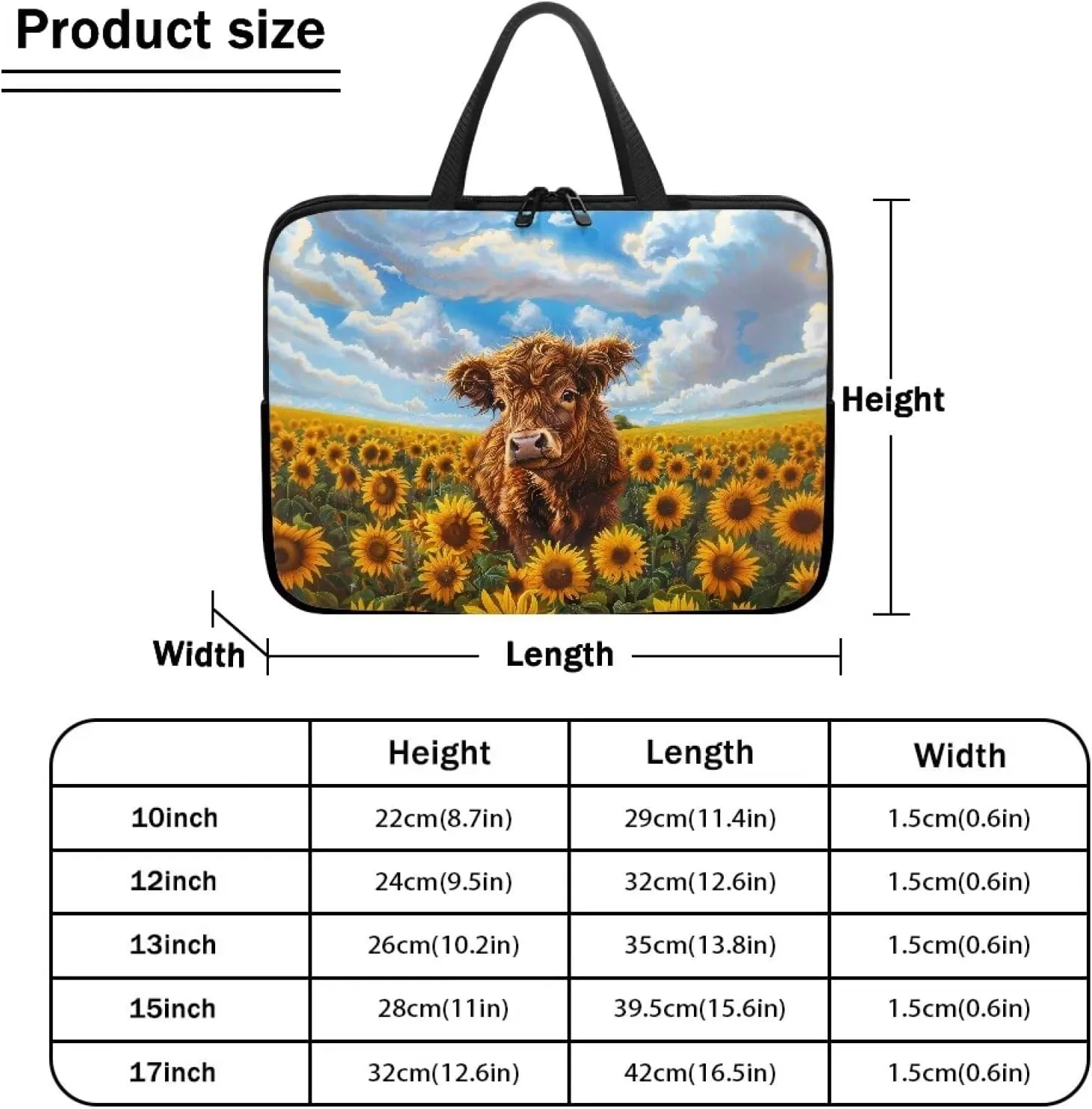 Sunflower Highland Cow Print Laptop Sleeve Case for Women Men Lightweight Travel Laptop Bag Shockproof Computer Protective Briefcase for Study Work, 17inch