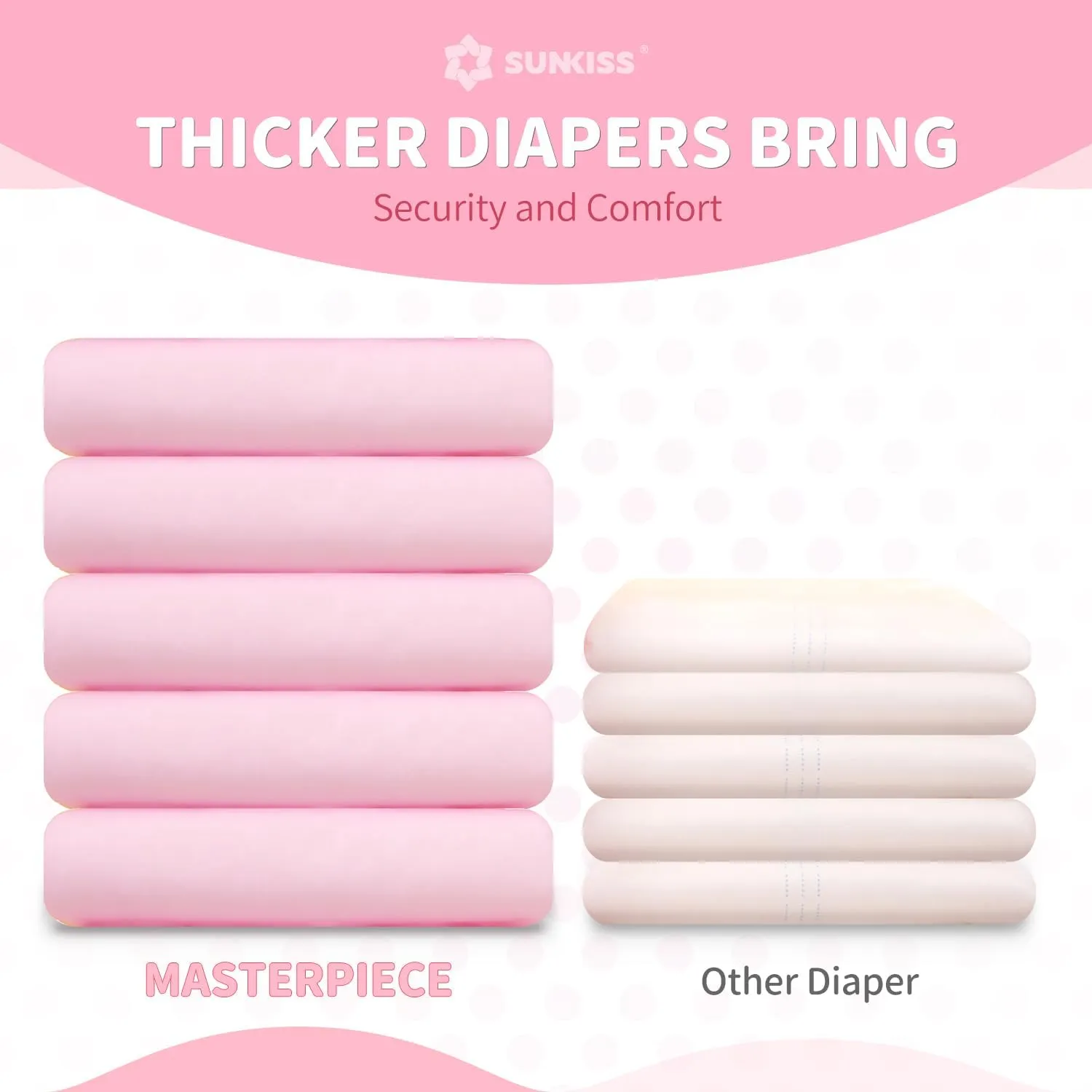 SUNKISS Masterpiece Adult Diapers with Tabs, Unisex Disposable Incontinence Briefs for Women and Men, Odor Control, Pink, Medium, 10 Count
