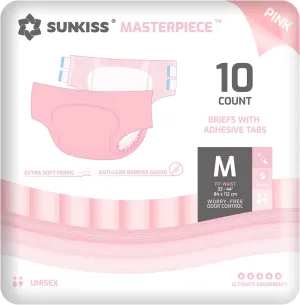 SUNKISS Masterpiece Adult Diapers with Tabs, Unisex Disposable Incontinence Briefs for Women and Men, Odor Control, Pink, Medium, 10 Count