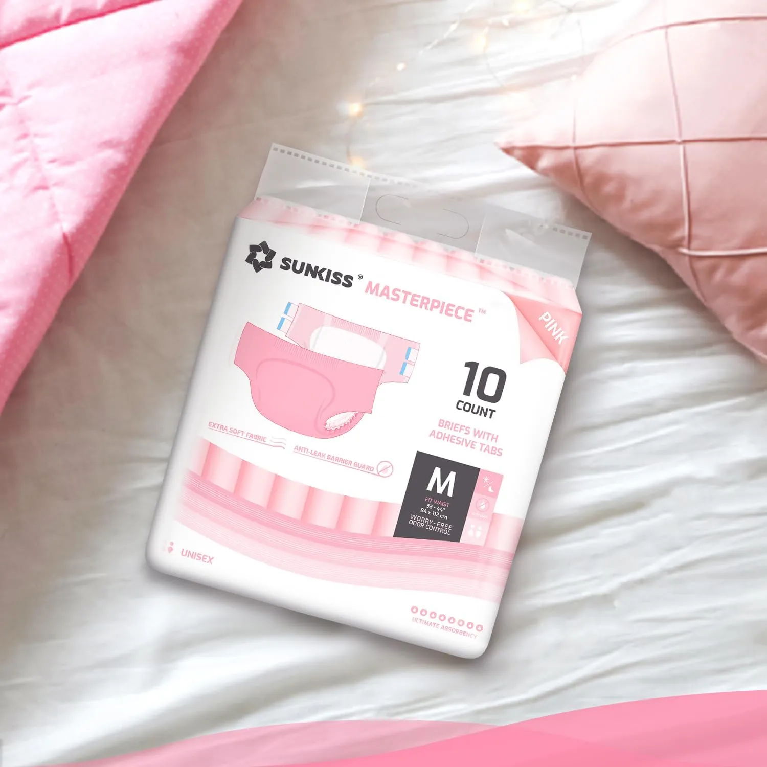 SUNKISS Masterpiece Adult Diapers with Tabs, Unisex Disposable Incontinence Briefs for Women and Men, Odor Control, Pink, Medium, 10 Count