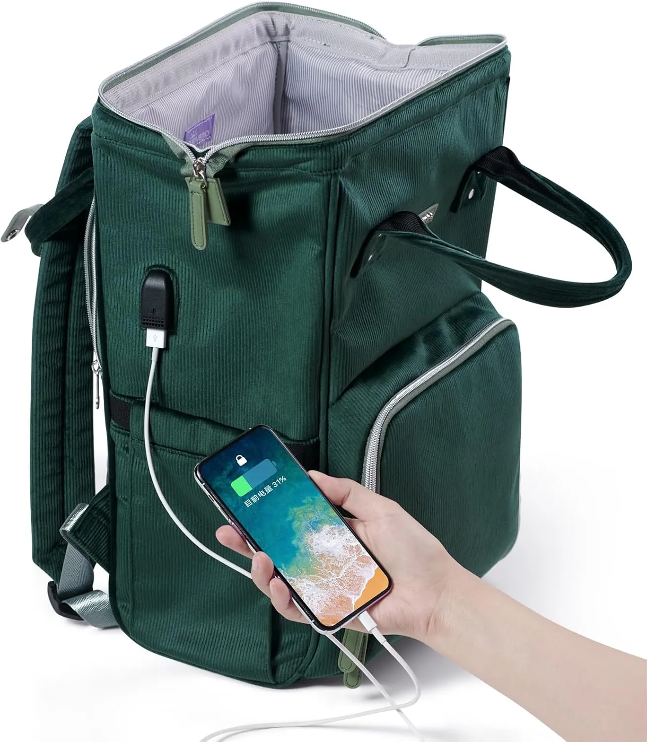 SUNVENO Diaper Bag Backpack, Large Capacity Baby-Bag with Changing Pad & Stroller Clips Velvet Stitching Diaper-Backpack Travel Tote Nappy Bag Organizer for Baby Care with USB Charging Port, Green