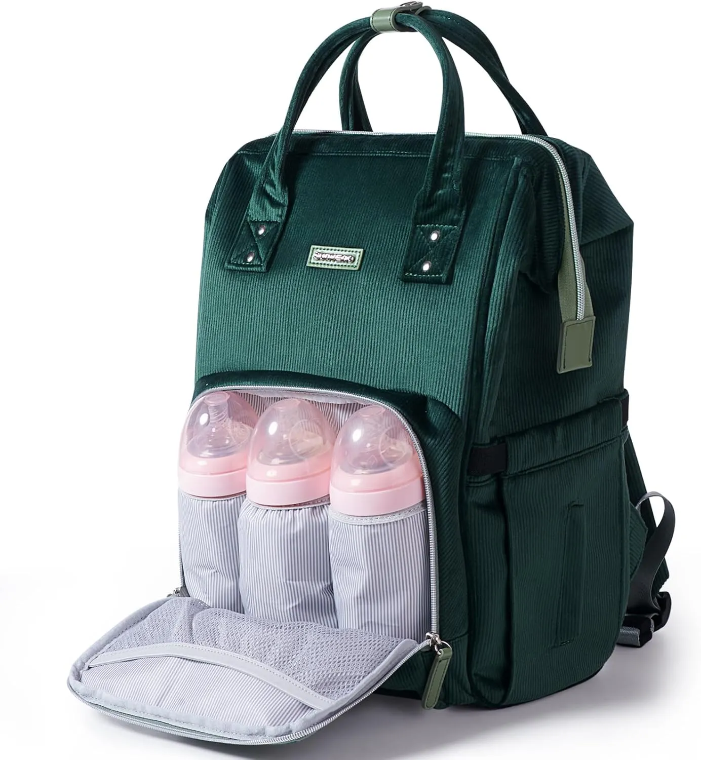 SUNVENO Diaper Bag Backpack, Large Capacity Baby-Bag with Changing Pad & Stroller Clips Velvet Stitching Diaper-Backpack Travel Tote Nappy Bag Organizer for Baby Care with USB Charging Port, Green